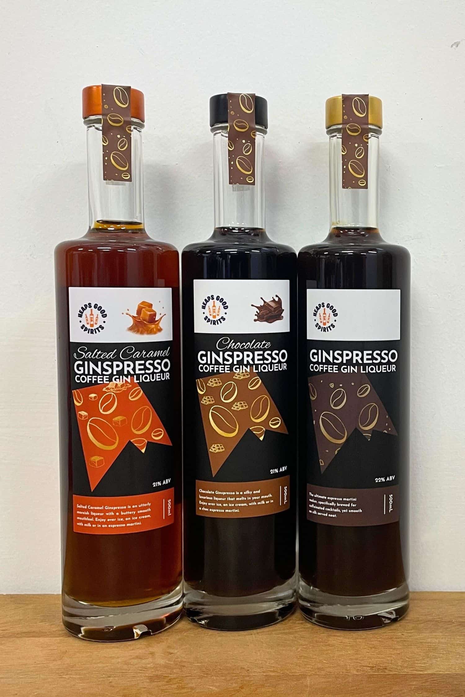 Chocolate, Salted Caramel and Original Ginspresso coffee gin liqueur bottles lined up
