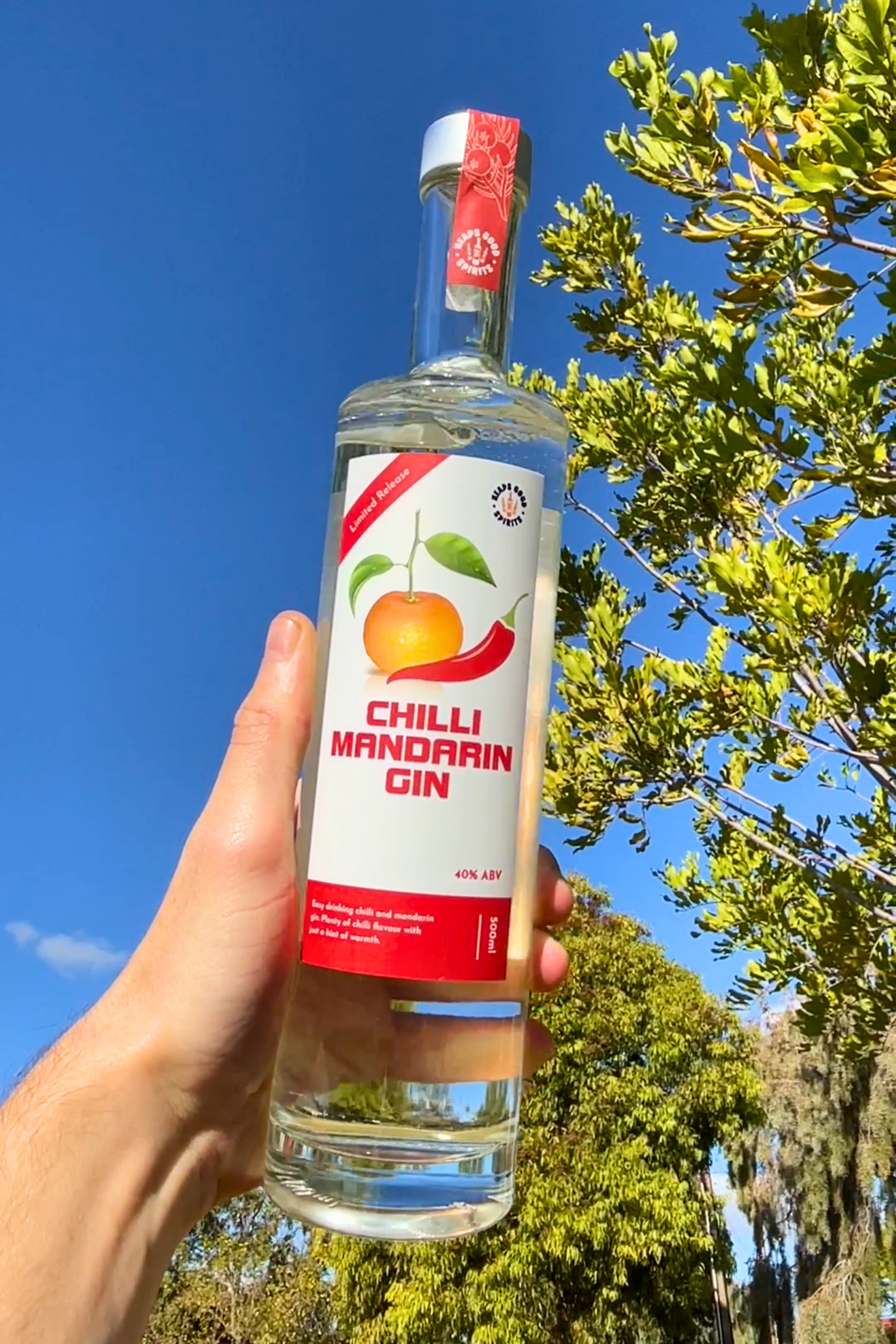 Bottle of Chilli Mandarin Gin held in front of a blue sky and trees