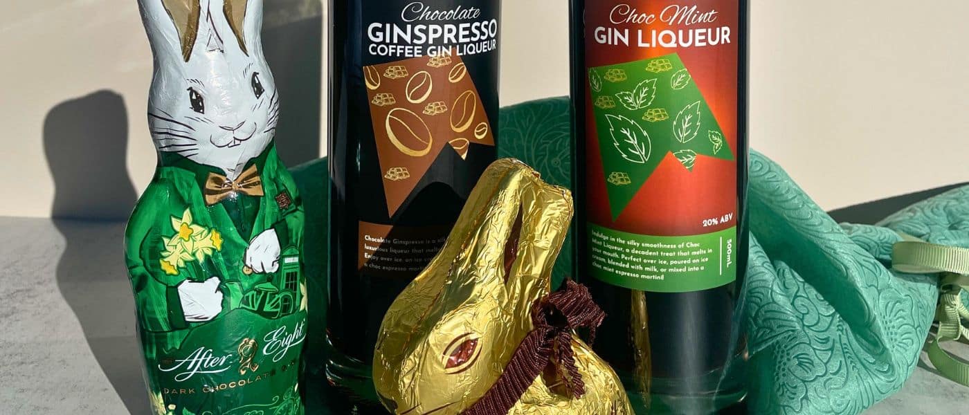 Chocolate Ginspresso Coffee Gin Liqueur and Choc Mint Gin Liqueur with Easter chocolate bunnies for Easter cocktail inspiration