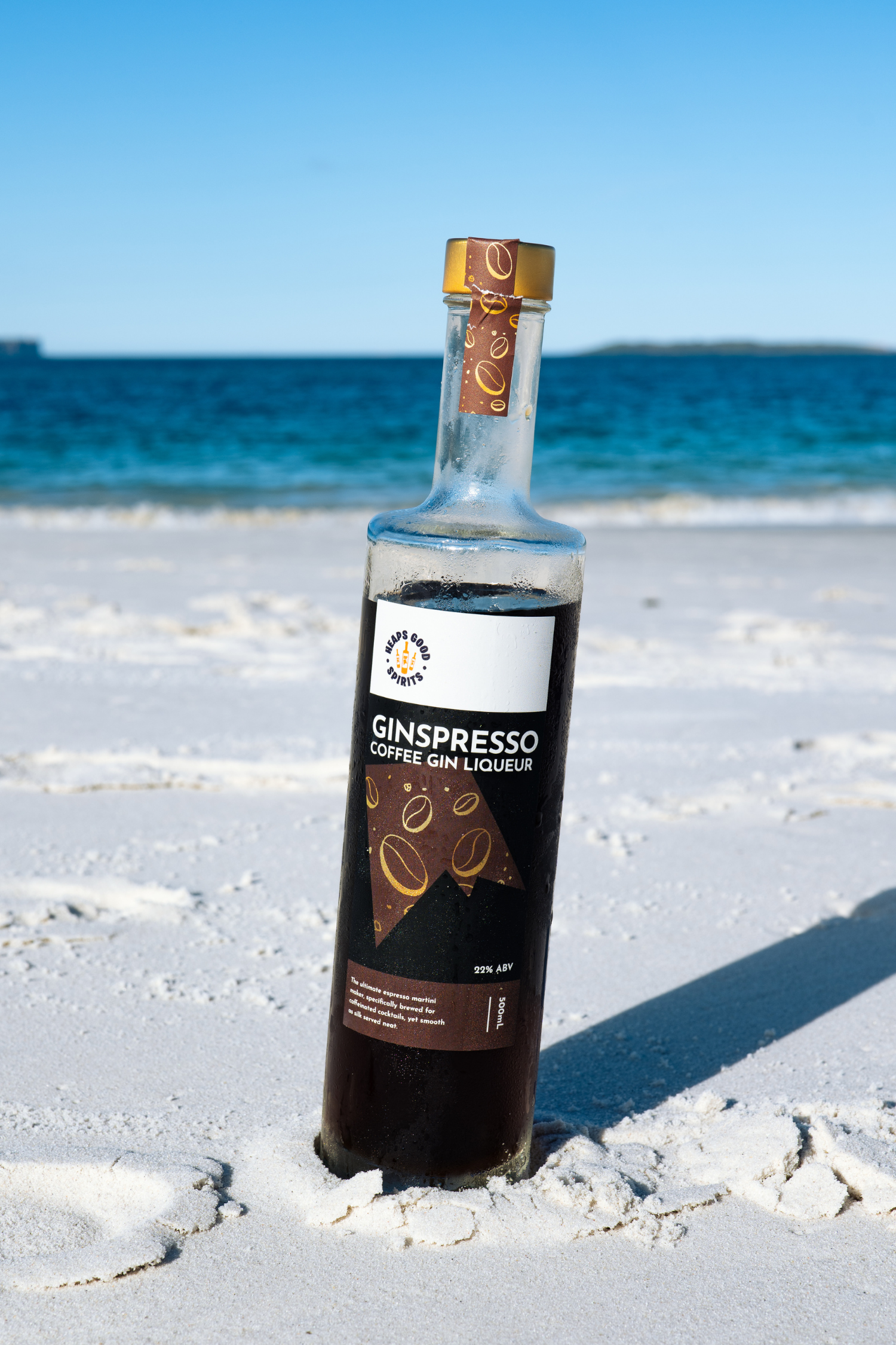 Bottle of Ginspresso Coffee Gin Liqueur on a sandy beach with ocean in the background