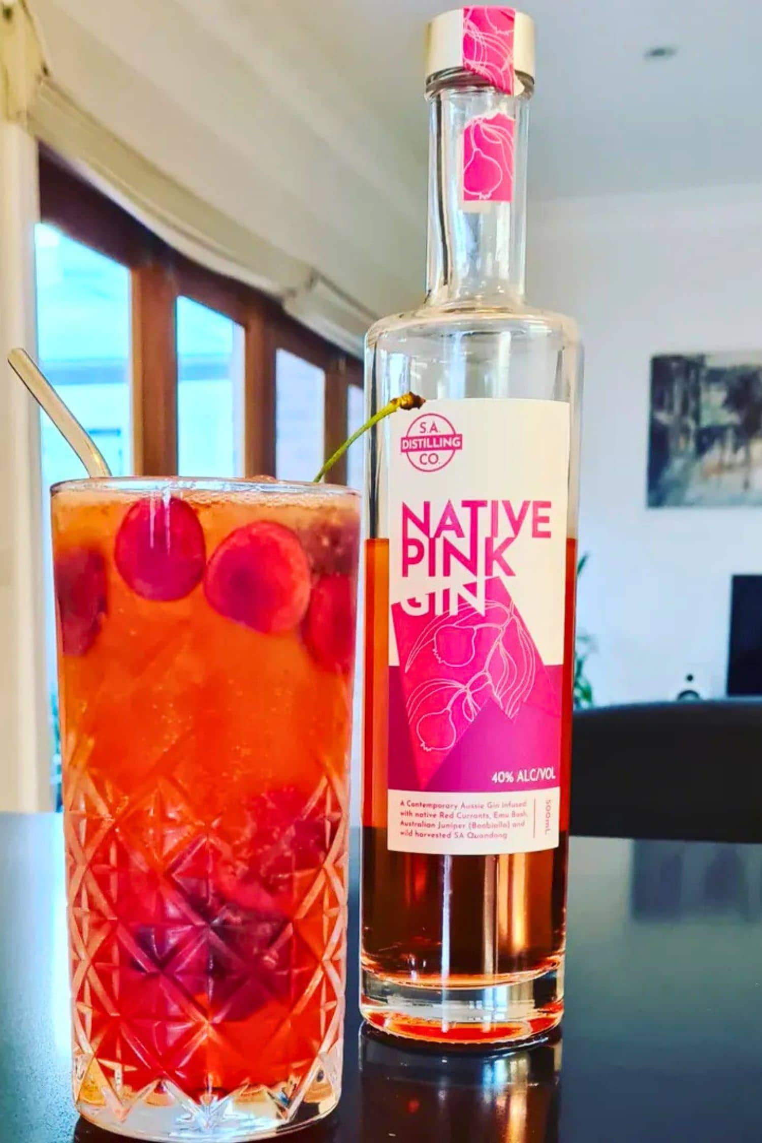 Australian Native Pink Gin cherry cocktail serving.