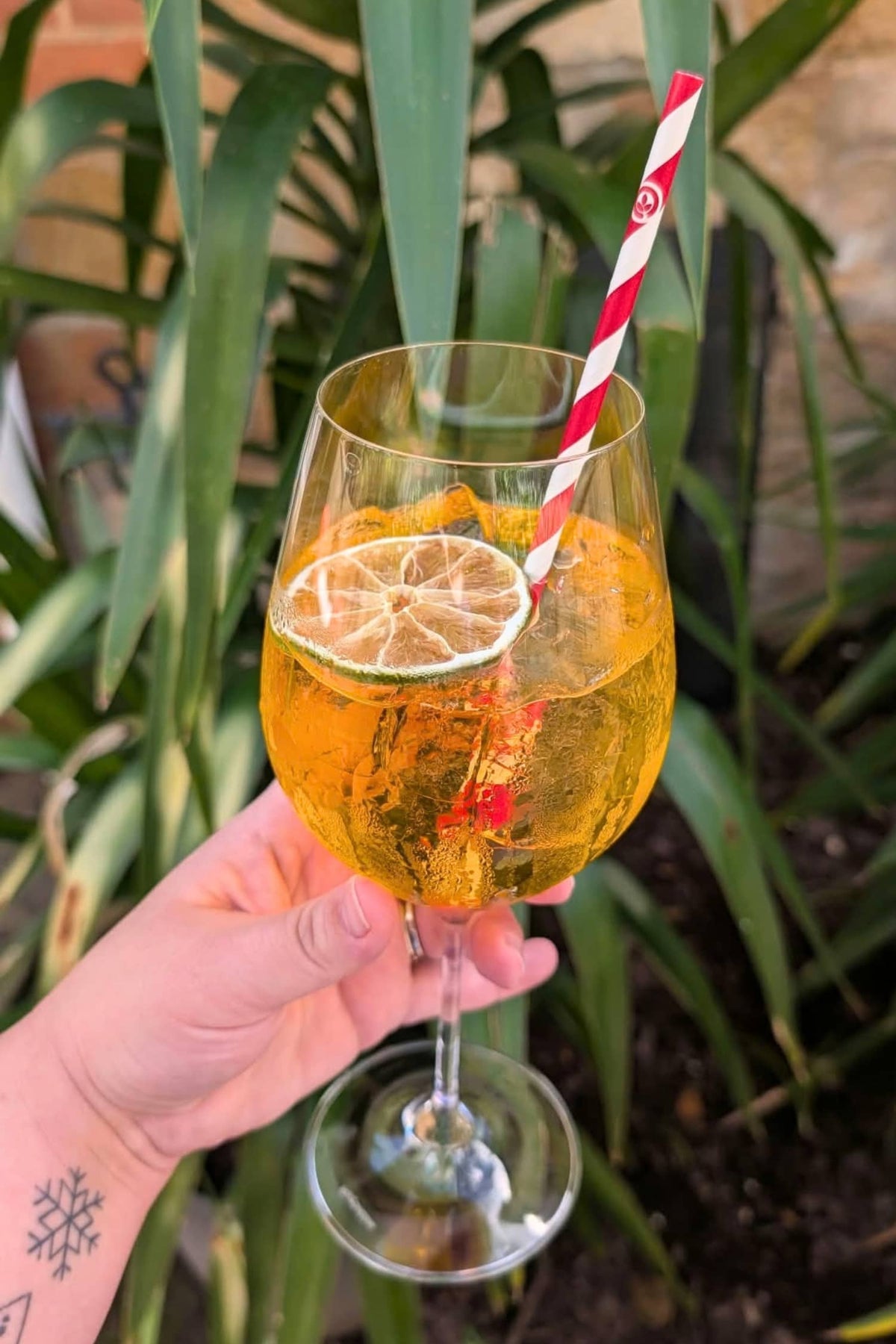 A hand holds a clear stemmed wine glass filled with a Peach & Mango Spritz, garnished with a lime wheel and orange peel, with a red-and-white striped paper straw. Lush green foliage fills the background.