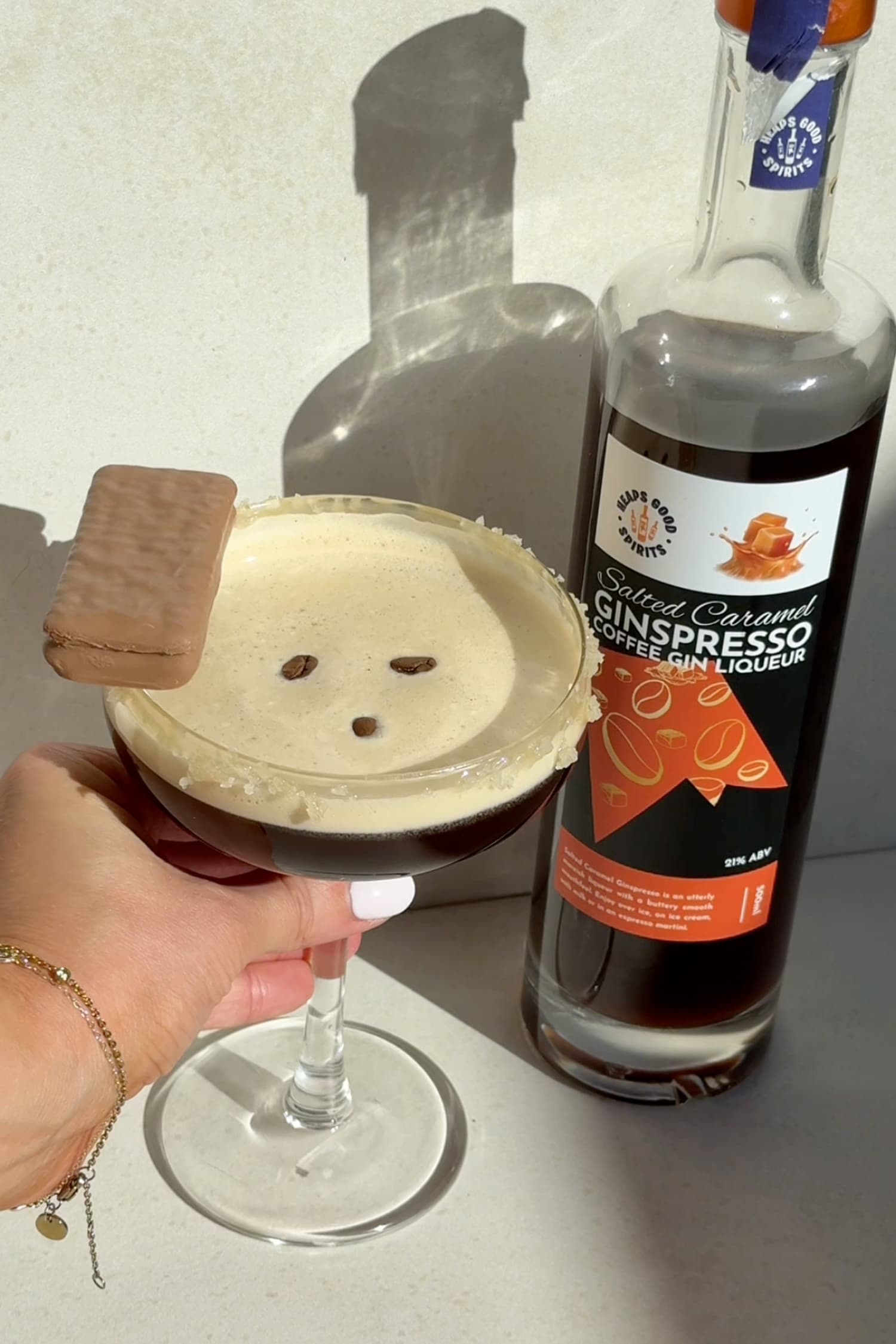 Salted Caramel Ginspresso espresso martini with caramel Tim-Tam garnish