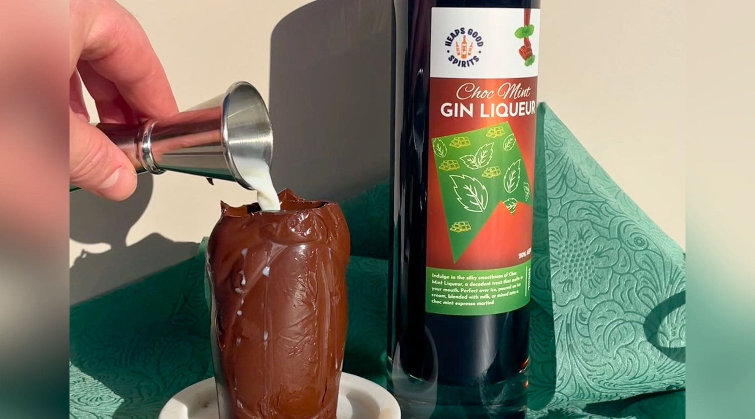 Choc Mint Easter bunny cocktail, with Choc Mint Gin Liqueur bottle by Heaps Good Spirits.