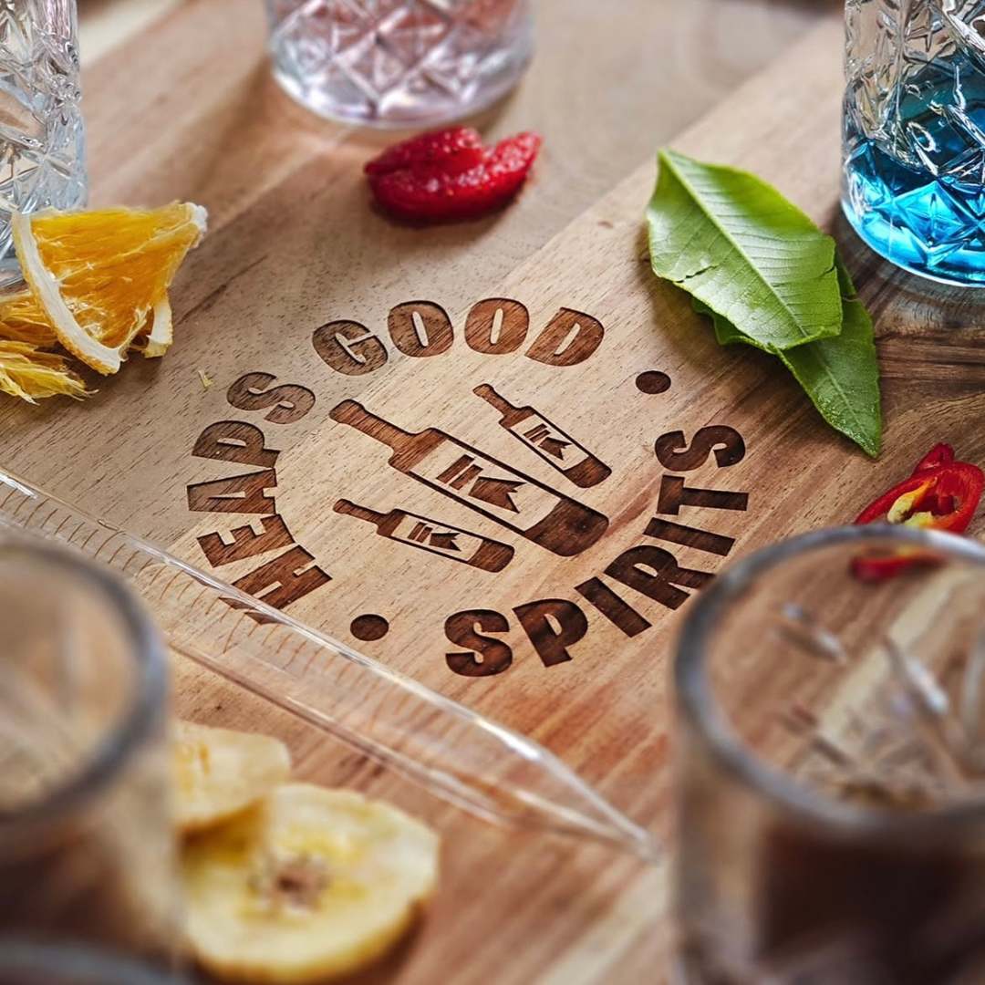 Heaps Good Spirits tasting paddle, featuring a selection of gins &amp; liqueurs.