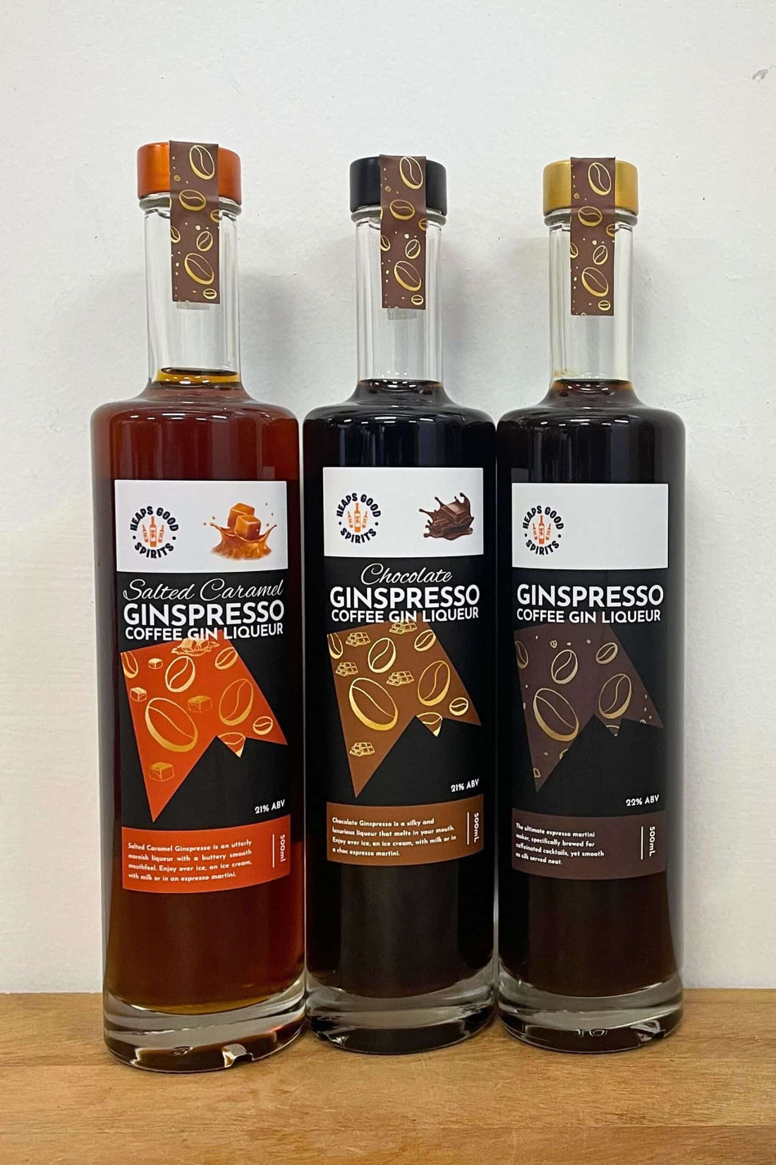 Chocolate, Salted Caramel and Original Ginspresso coffee gin liqueur bottles lined up