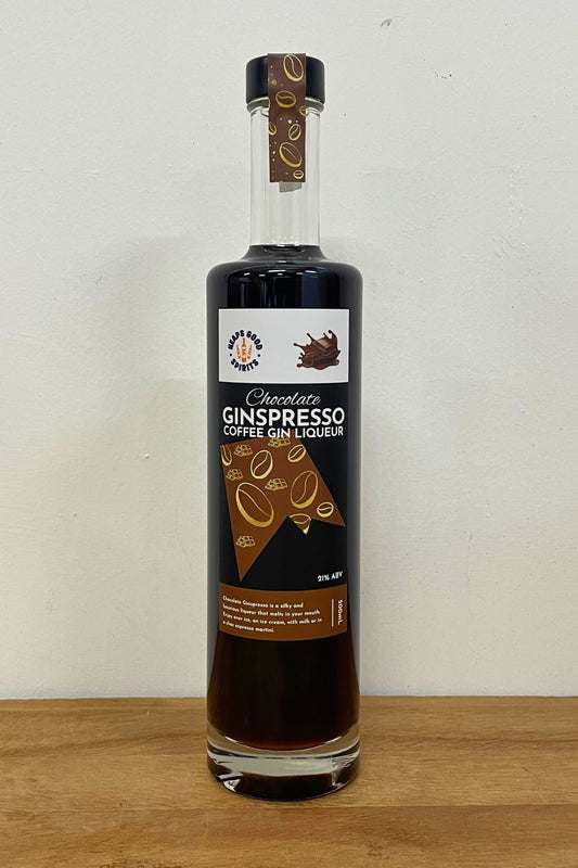 Chocolate Ginspresso coffee gin liqueur bottle by Heaps Good Spirits on wooden surface