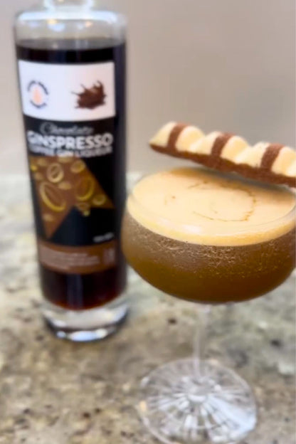 Kinder Bueno espresso martini cocktail made at home using Chocolate Ginspresso coffee gin liqueur.