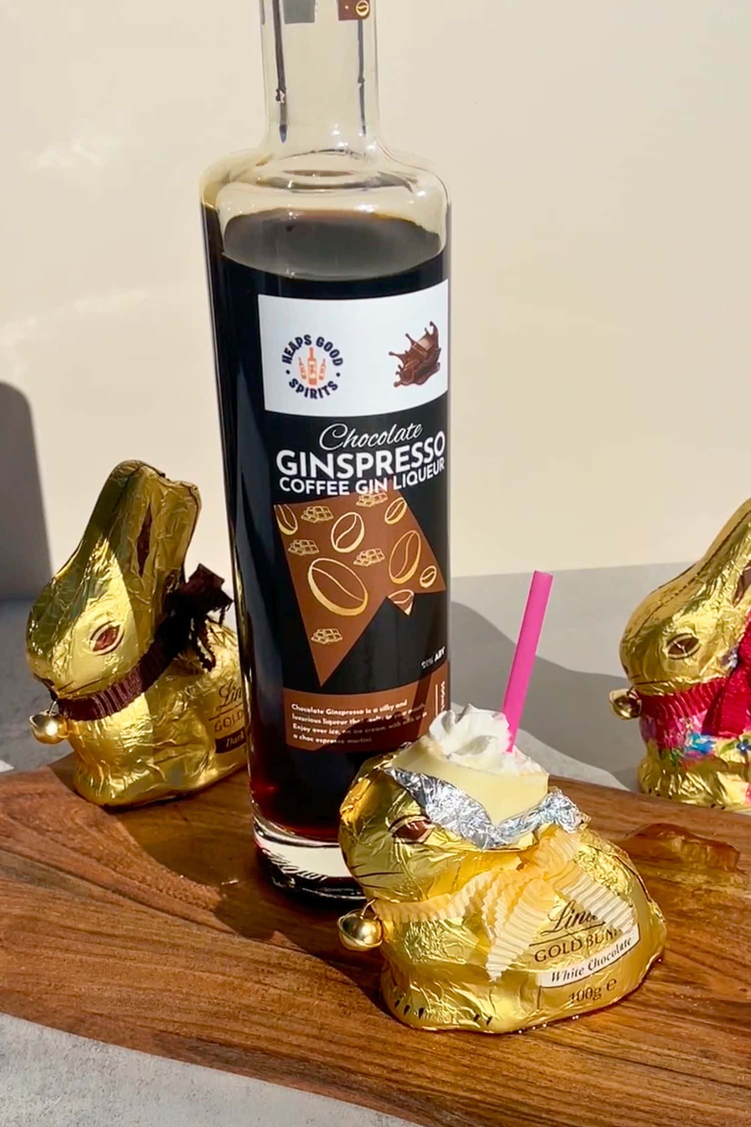 Chocolate Ginspresso coffee gin liqueur with Lindt chocolate bunny dessert drink