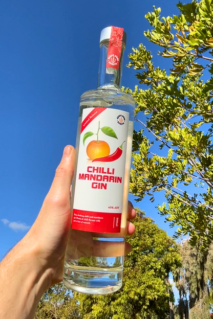 Bottle of Chilli Mandarin Gin held in front of a blue sky and trees