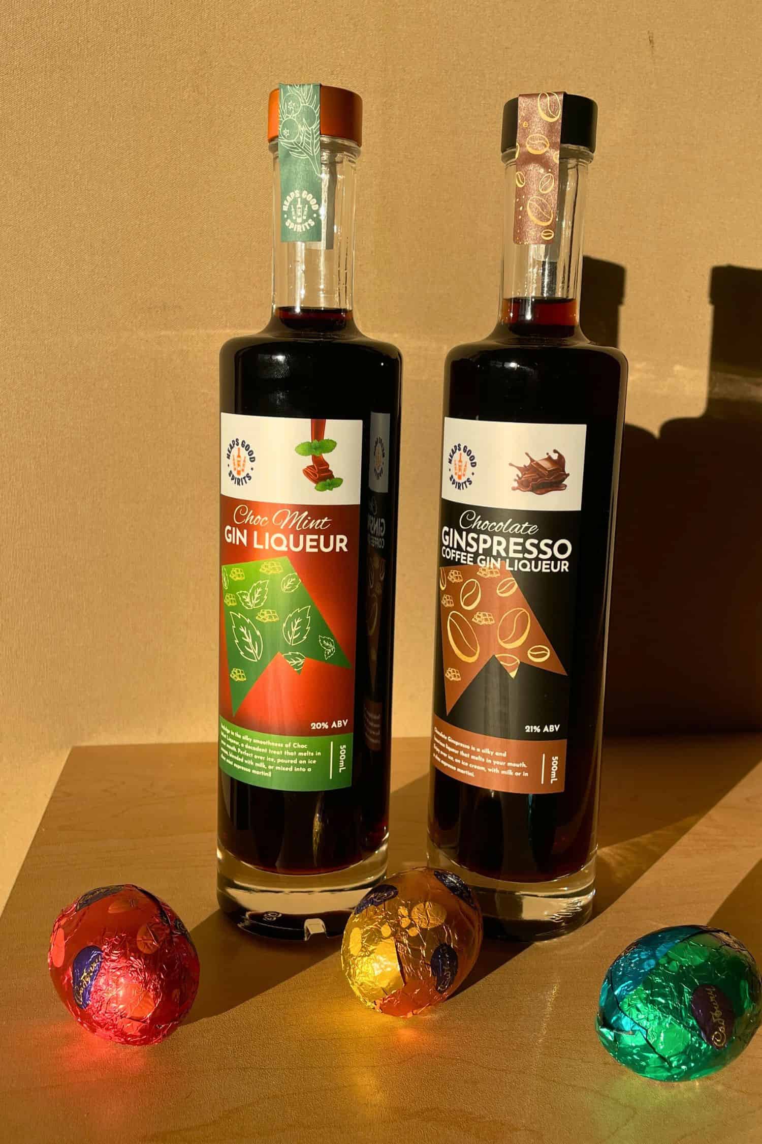 Choc Mint Gin Liqueur and Chocolate Ginspresso Coffee Gin Liqueur Easter cocktail bundle with chocolate eggs.