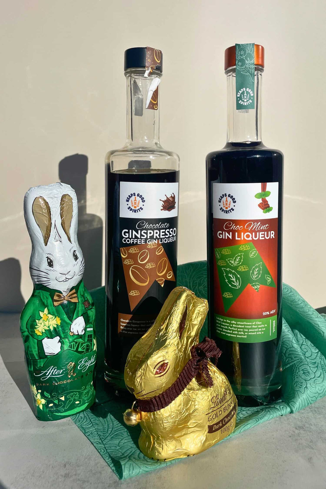 Chocolate Ginspresso Coffee Gin Liqueur and Choc Mint Gin Liqueur with Easter chocolate bunnies for Easter cocktail drinks.