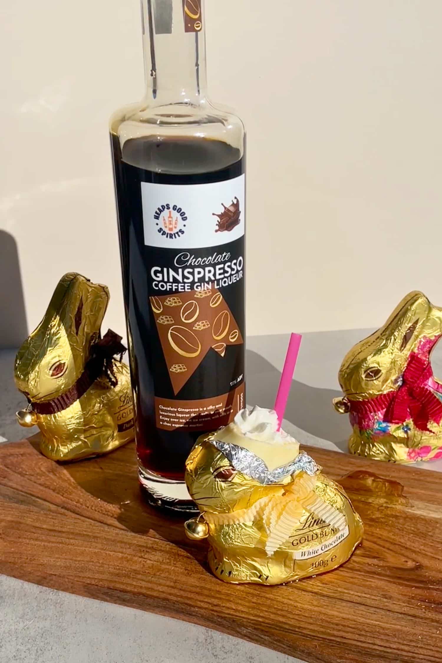 Chocolate Ginspresso Coffee Gin Liqueur with Lindt chocolate bunny cocktail for Easter dessert drinks.