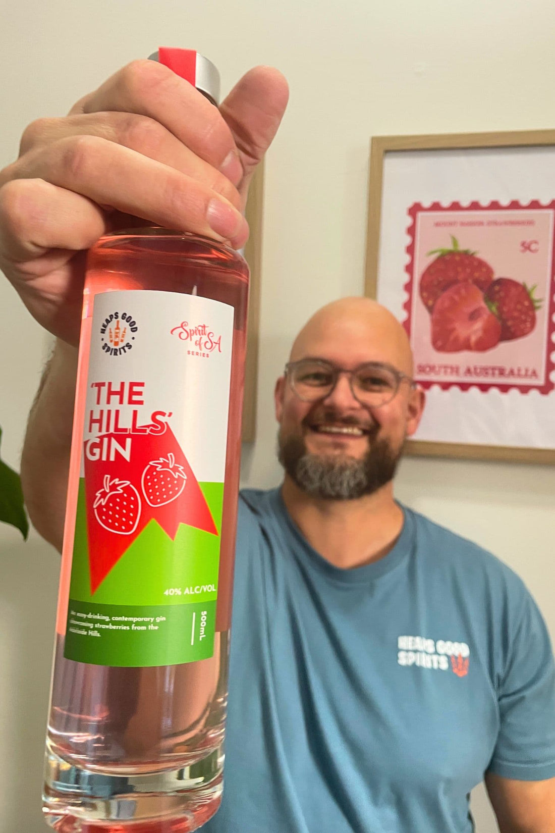 Founder holding Heaps Good The Hills Gin from Adelaide Hills, South Australia