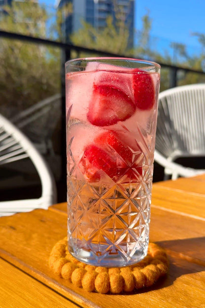 Strawberry gin and soda with fresh strawberries made using The Hills Gin in Adelaide Hills