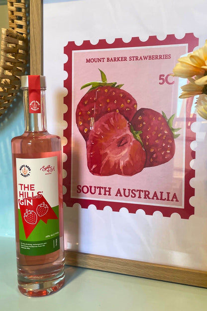 The Hills Gin bottle beside "Mount Barker strawberries South Australia" artwork