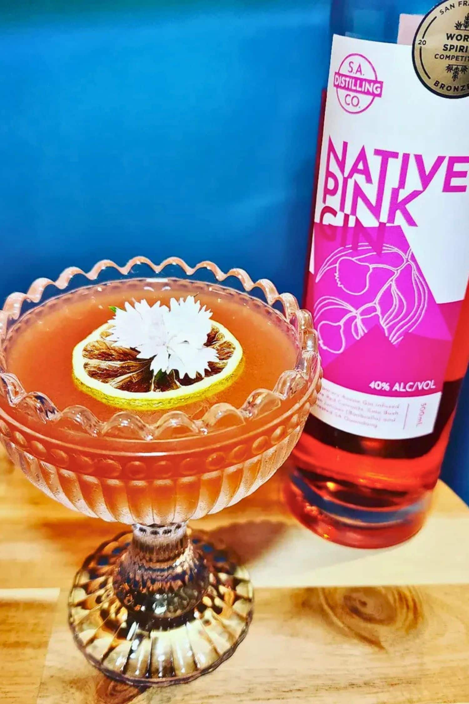 Australian Native Pink Gin cocktail serving.