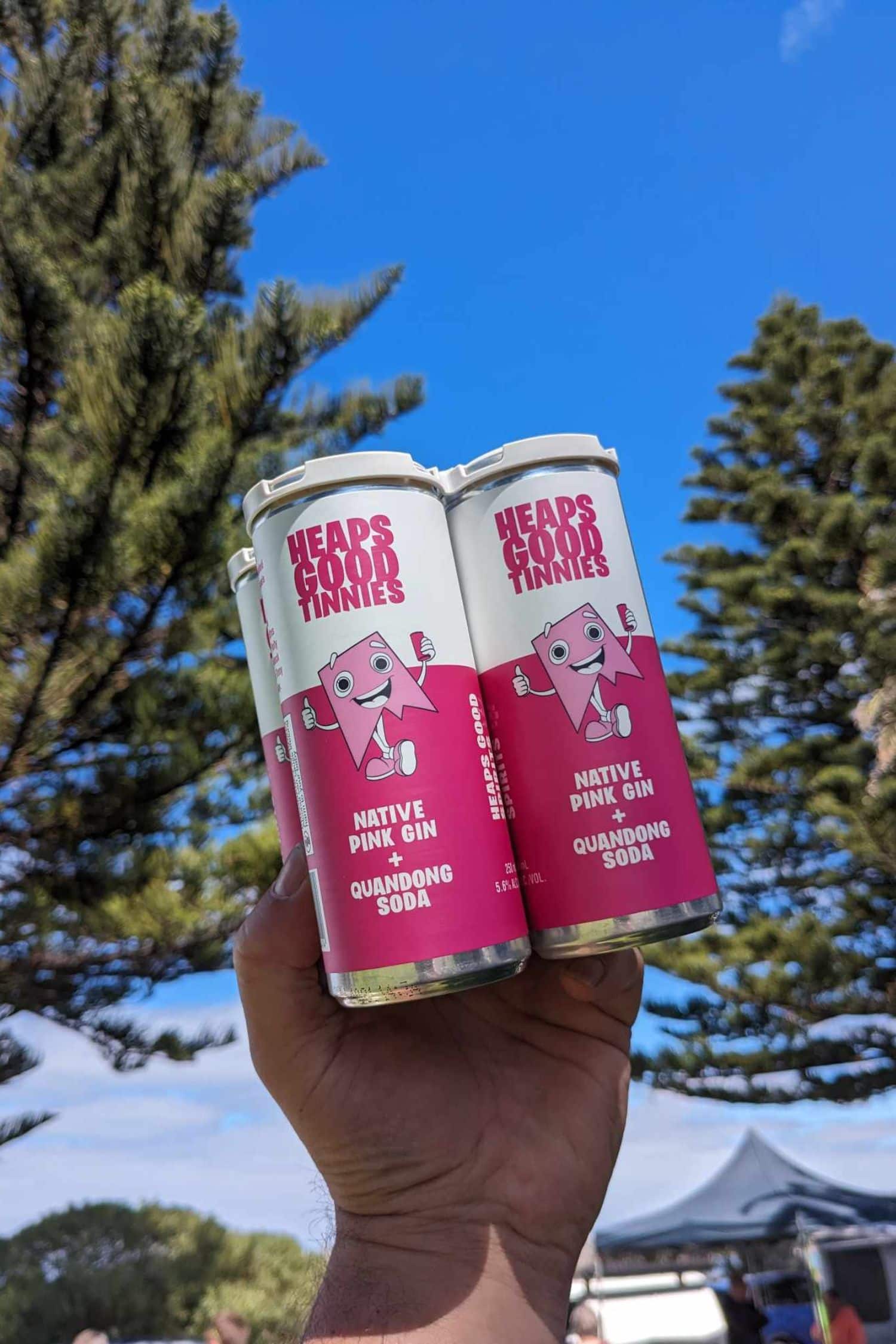 Native pink gin and quandong soda cans held outdoors against blue sky.