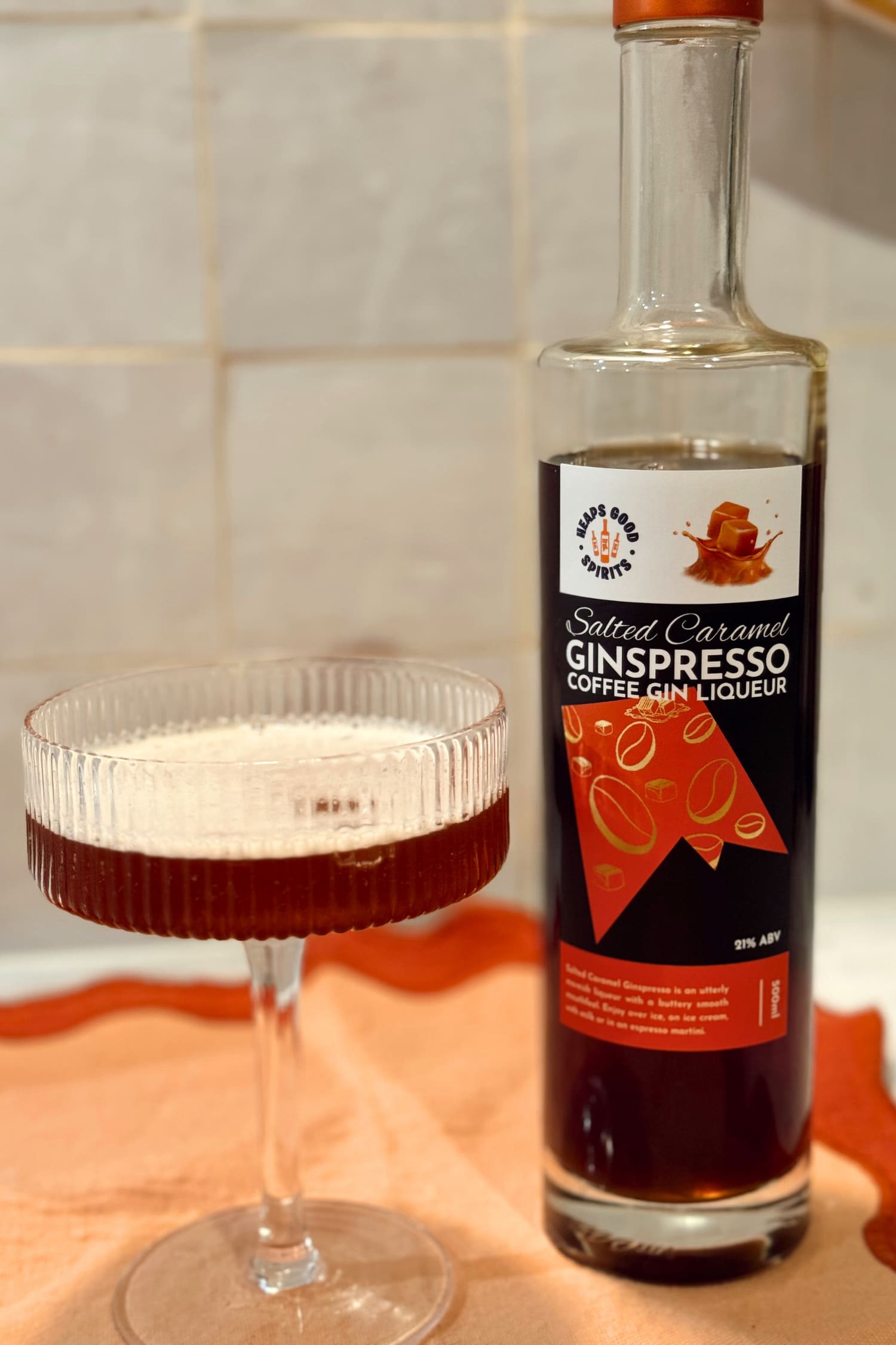 Espresso martini made with Salted Caramel Ginspresso coffee gin liqueur