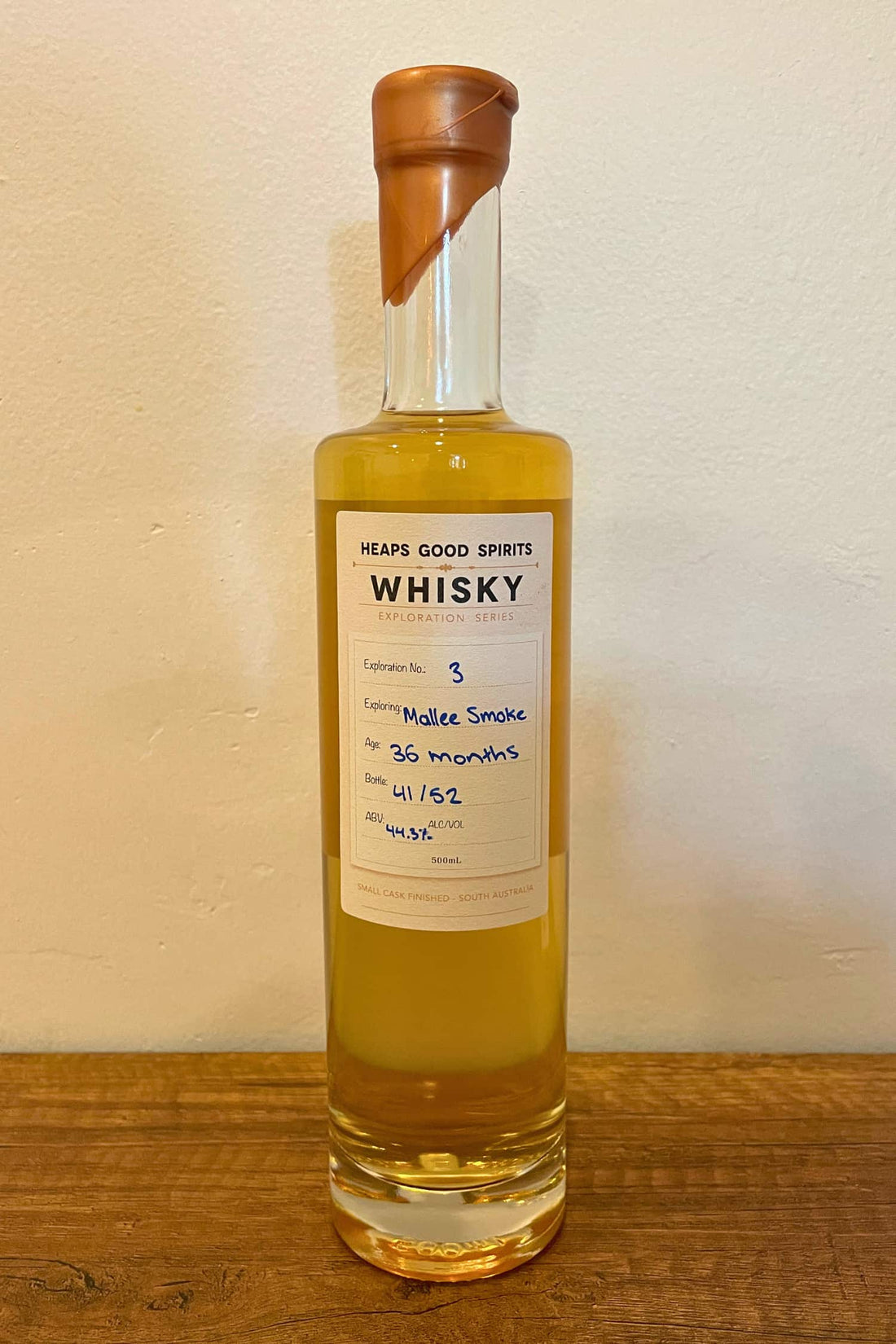 Bottle of Mallee Smoke Whisky, distilled by Heaps Good Spirits in South Australia.