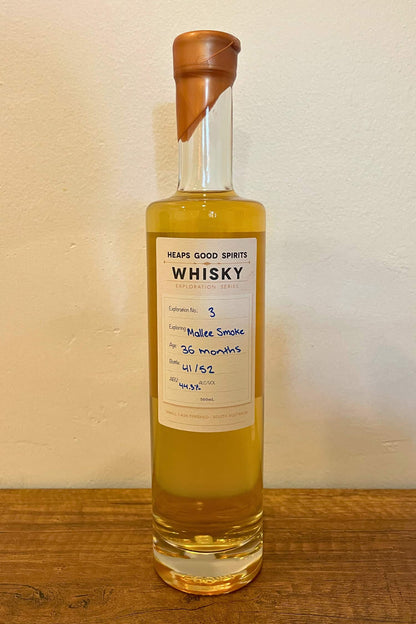 Bottle of Mallee Smoke Whisky, distilled by Heaps Good Spirits in South Australia.