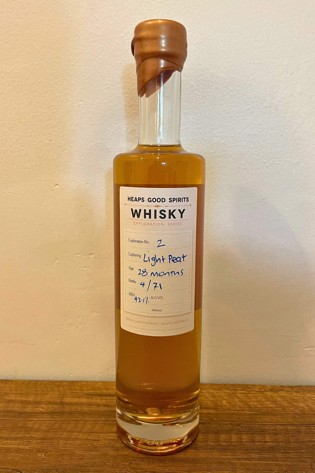 Bottle of Light Peat Whisky, distilled by Heaps Good Spirits in South Australia.