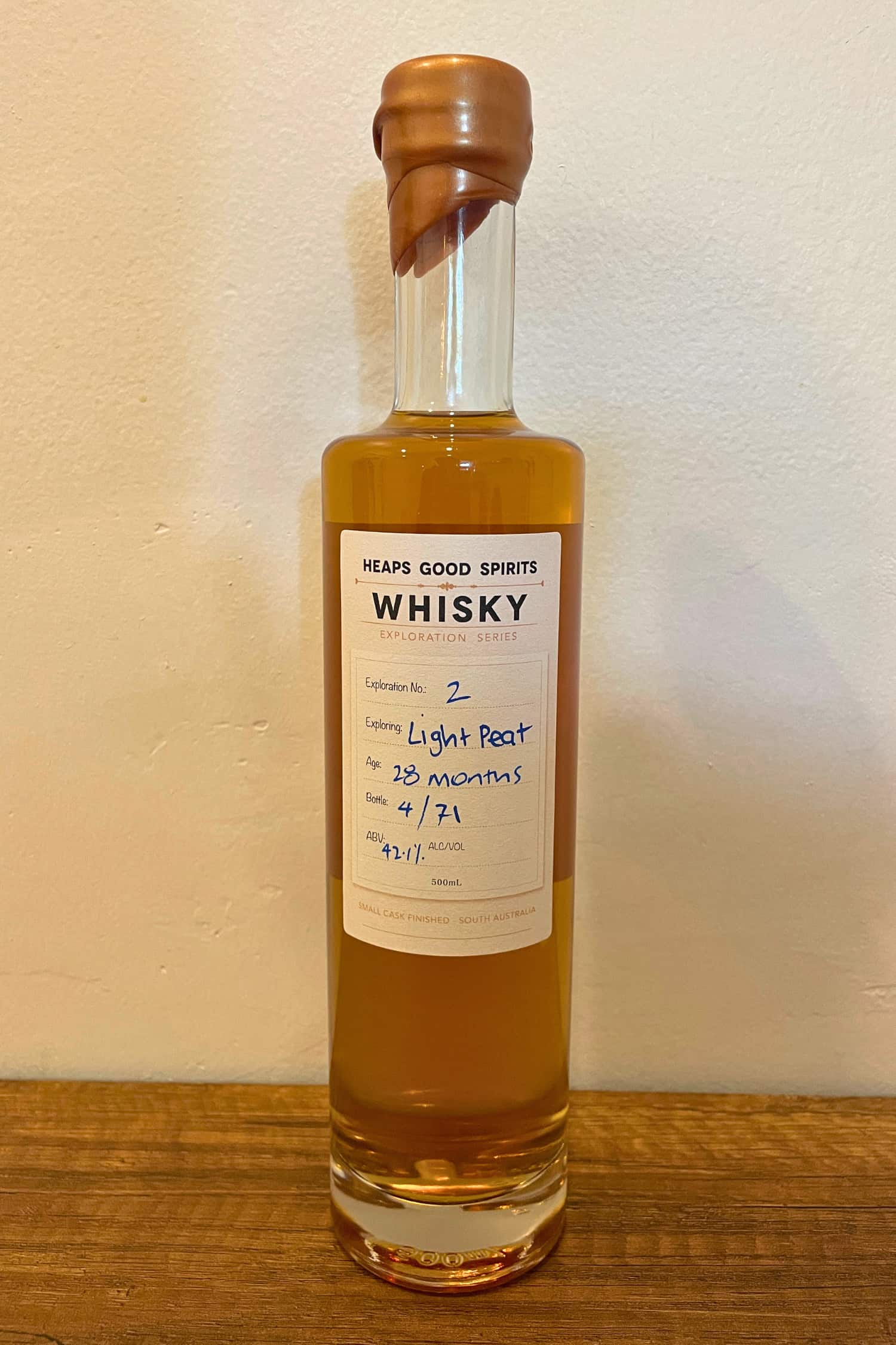 Bottle of Light Peat Whisky, distilled by Heaps Good Spirits in South Australia.