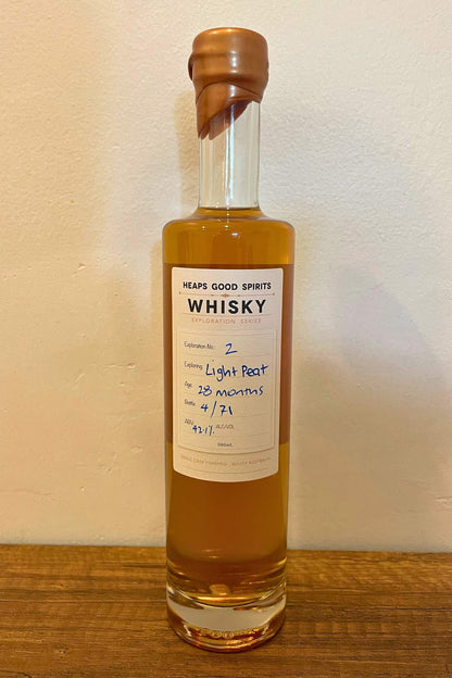 Bottle of Light Peat Whisky, distilled by Heaps Good Spirits in South Australia.