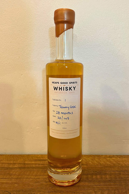 Bottle of Tawny Cask Whisky, distilled by Heaps Good Spirits in South Australia.